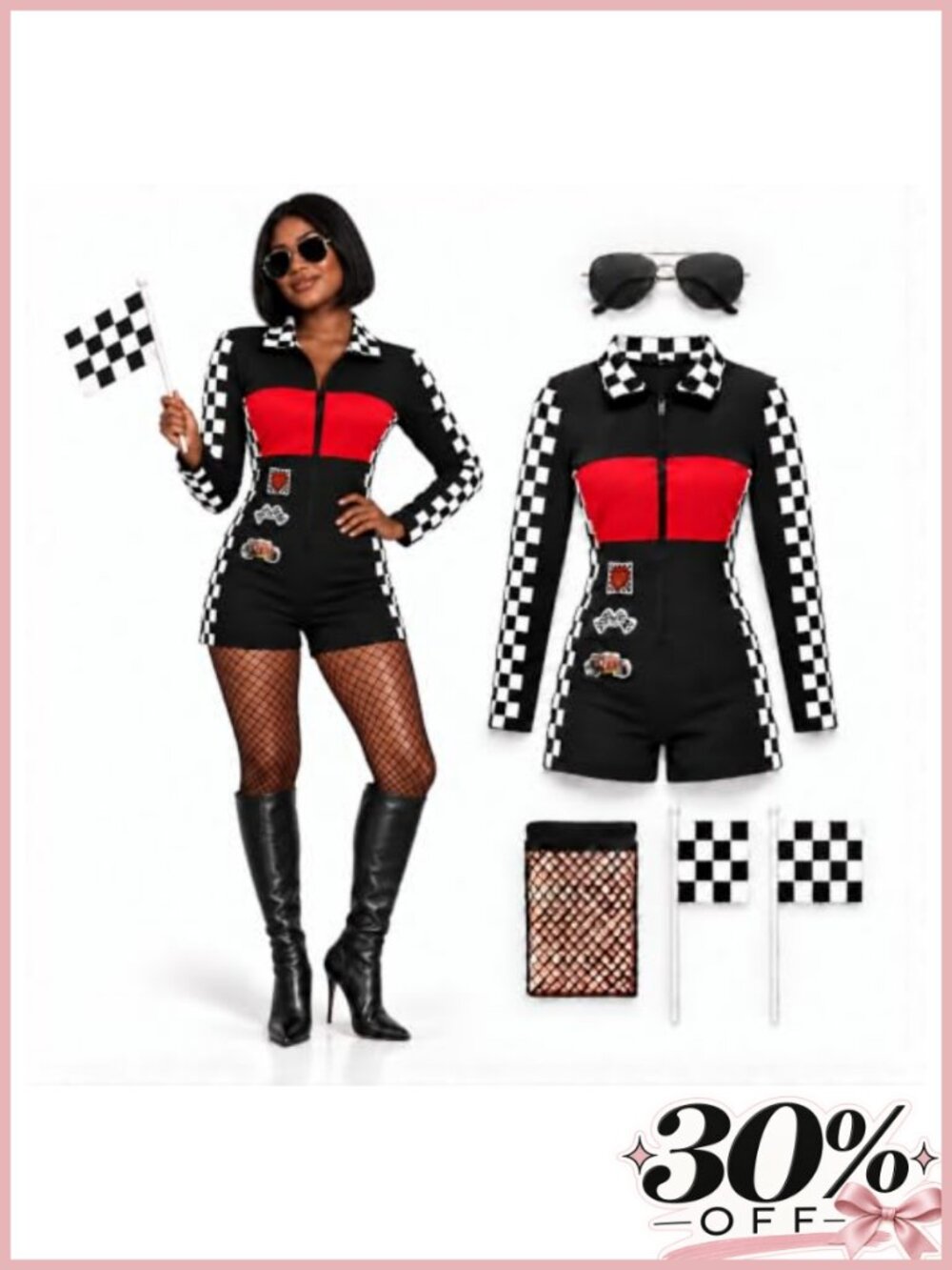 Race Car Driver Costume Set Women Retro Jumpsuit Halloween Cosplay